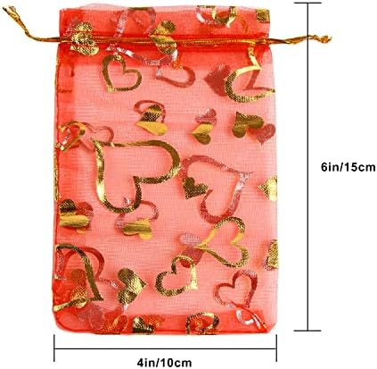 Фоимас 100 парчиња Торби За Подароци За Срце Органза, 4х6 Инчи Торбичка За Торбичка За Накит Со Црвена Врвка За Денот На Вљубените