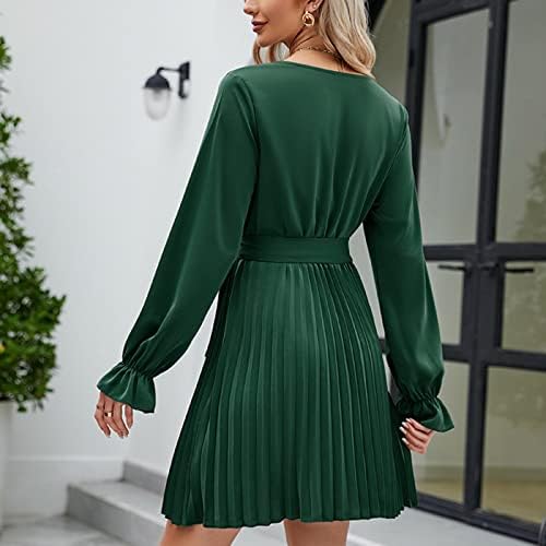 Sutwoen Women Pleated mini фустан со долг ракав длабок v-врат-вратен случај со висока половината со висока половината А-линија Плет коктел