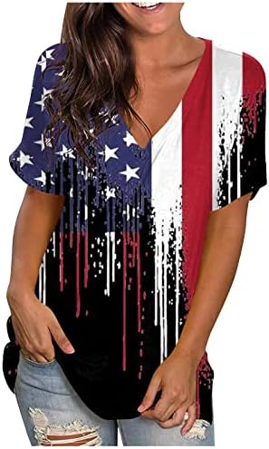 Секси блуза за жени со краток ракав 4-ти јули патриотски печатен врвен врвен блуза кошула обична маица