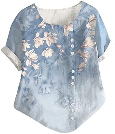 Есен лето врвот на жените краток ракав 2023 облека постелнина памучна екипаж вратот цветна графичка гроздобер блуза маица за дами
