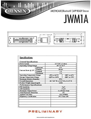 Jensen JWM1A AM | FM | Aux 2-звучни зони Walmount Bluetooth стерео со стриминг аудио и контроли, подготвена апликација, AM/FM Tuner,