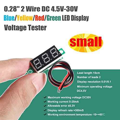 Тестер за напон на диитао, мини дигитален тестер за мерач на волтметар 0.28 2 жица DC 4.5V-30V сина/жолта/црвена/зелена LED дисплеј тестер за