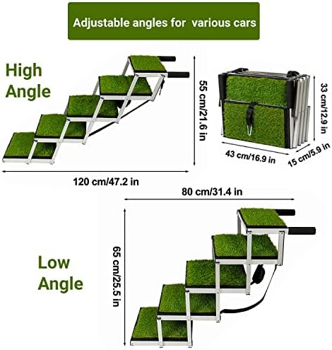 Скали за Кучиња За Големи Кучиња Лесна Алуминиумска Рампа За Кучиња со 5 Чекори И Површина Од Вештачка Трева, Преклопна Рампа За Кучиња За Миленичиња