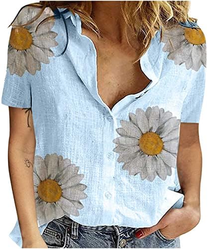 Обични блузи за жени со кратки ракави со кратки ракави со висок врат Спандекс маргаритки Графички врвови на маици дами 2023 ZF