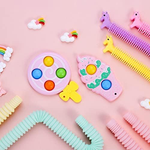 Hiunicorn Fidgets Pack Girls Girds - Kitty Cat Pop Pop Bage Tag Pastel Rainbow Unicorn Poppers сензорни играчки, мини клучеви затемнети