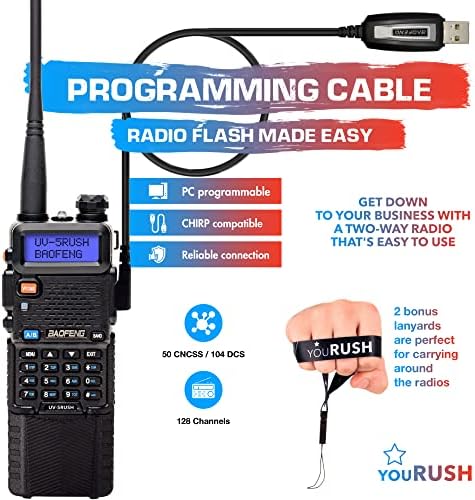 Yuush Ham Radio 2 Pack Baofeng UV5R 8W Dual Band Двонасочен радио со продолжена батерија BL-5L 3800 mAh и Lanyard & USB програмски кабел