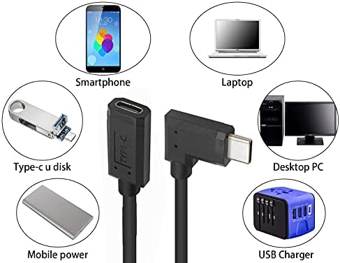 Кабел за проширување на Traovien USB C, калем од 90 степени со мачки од USB тип Ц до женски 3a 10gbps Брзо полнење спирален пролетен