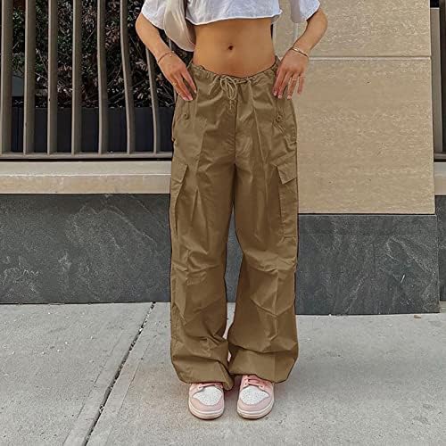 Аиху фармерки за жени трендовски жени со високи половини црни карго панталони со џебови гроздобер буги цврсти панталони за улична облека Y2K
