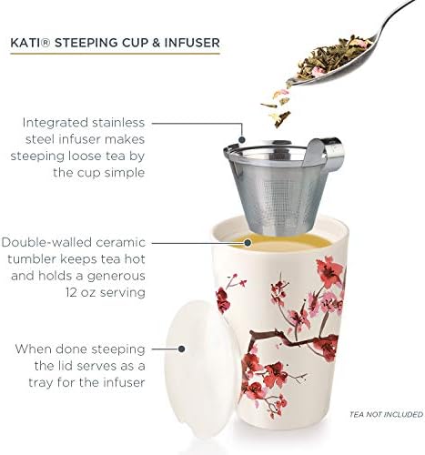 Чаша чај Форте Кати чаша керамички чај инфузер чаша, цвеќиња од цреша + кригла со керамички чај, диви афион | Чаши од чај со корпи за