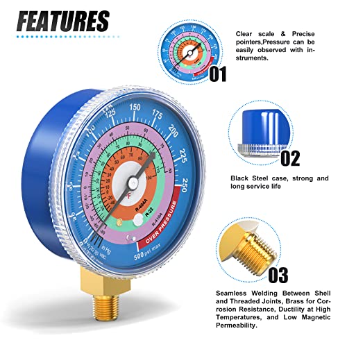 Мерка мерка за мерење на ладилник, 1/8 ”NPT, 30 во Hg до 250psi, 2-3/4 бирање, R-404A, R-22, R-410A, степен F, за мерење на притисок