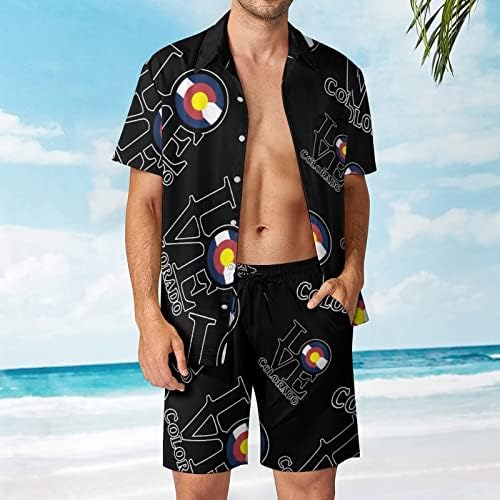 Baikutouan Love Colorado Flag Mani's 2 Piec Hawaiian Burtics Suits Casual Loose Kutn Down Top & Beach Sharts Облека за одмор