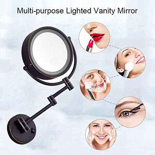 Wallид за огледало за шминка монтиран со LED светла, огледало за зголемување на бањата, ротација од 8,6inch- 360, за шминка, бричење