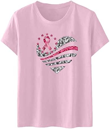 Женски бранч маички со кратки ракави врвови на ракави, тиши екипаж Спандекс Loveубов lубовник графички маички за карцином на дојка 2023 БИ