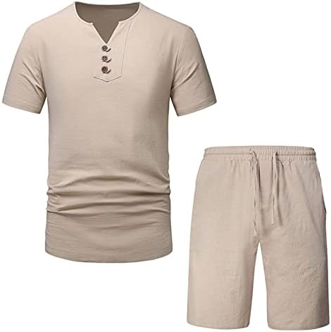 2023 Постелнина костум Поставете за мажи лето случајно копче Хенли со маици и лабави шорцеви за мажи за потти од 2 парчиња сет на парчиња