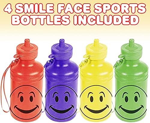 ArtCreativity Smile Face Sports Sports шишиња, сет од 4, шишиња со вода од пластични деца со корица за докажување на истурање, спортски