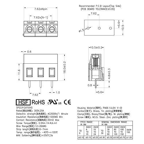 Yaniutc 7,62 mm Pitch 2 Pin PCB Terminal Blocks Connector Connect Mount Crimper за жица жица Arduino лента по тековен рејтинг 18 висина EHK3V