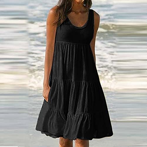 Летни Фустани За Жени 2023 Плажа Одмор Сонце Фустани Секојдневен Плисиран Фустан Без Ракави Бохо Прикриени Миди Фустани