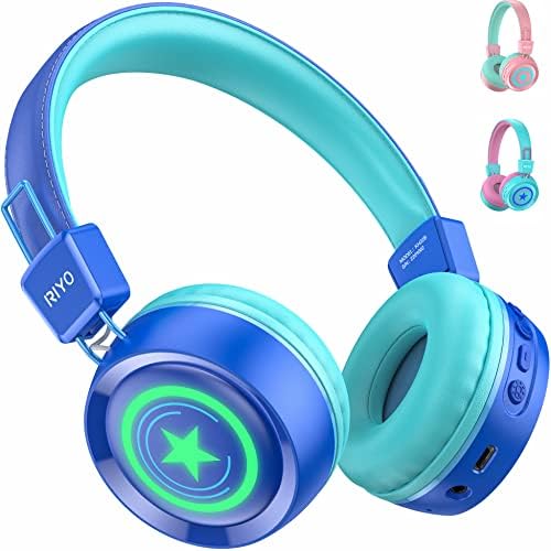 Riyo Kids Bluetooth слушалки со разнобојни LED светла v5.0 безжични слушалки за деца максимум волумен 92dB преклопни стерео слушалки