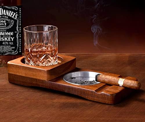 Ковскиот цигара Аштрај и виски стаклена послужавник - Исклучителна рустикална дрвена лента со коктел стакло - дрво цигара со слот