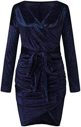 IQKA Women Women Velvet Fuest Wrap v вратот торба колк рушираше краток мини фустан Елегантна коктелска забава фустани со појас