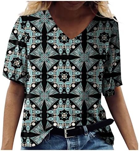 Кратки ракави на женски врвови, класичен гроздобер Национален стил Печатен краток ракав врвот лабава удобна кошула со врат со вратот