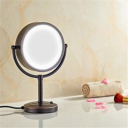 Огледало за шминка за Заах со светлина и зголемување, 8 -инчен месинг двострана countertop суета огледала, 360 ° LED ротација