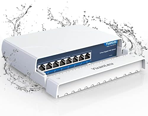 Yuanley 8-Port PoE Switch Gigabit- Водоотпорен на отворено Етернет Не управуван мрежен прекинувач 1000Mbps, вградена моќност од 120W, IEEE802.3AF/AT