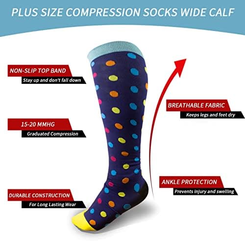 3 пара плус чорапи за компресија со големина за жени и мажи, широки чорапи за компресија на теле 15-20 ммхг за трчање, медицински сестри