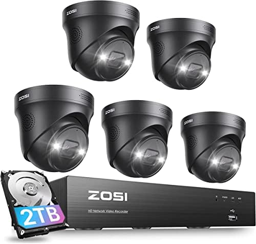 Zosi 4K 5PCS Надворешен систем за безбедносна камера на отворено PO PO со 2TB HDD, откривање на возила на лице, ноќно гледање, Spotlight Siren,