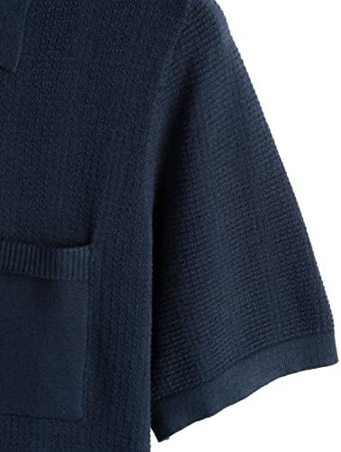Ватпајв Менс плете Поло кошули Обичен краток ракав Класичен ребрестиот голф кошула со џебови