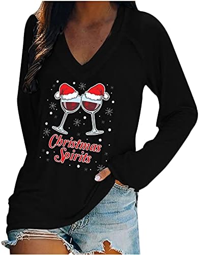 Женски Божиќни Врвови Смешни Винско Стакло Графички Маици Секојдневен Пуловер Со Долги Ракави V Вратот Лабава Удобна Маици Блуза