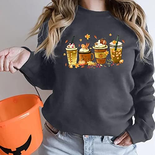 Womenените џемпери туники графички маички паѓаат Денот на благодарноста, пијалоци со долги ракави, печатат дами, симпатична екипа на блуза
