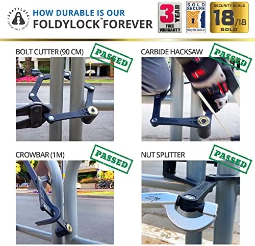 Foldylock засекогаш преклопување на велосипед за заклучување - 2 брави со велосипеди со 6 идентични клучеви - патентирани високи безбедносни