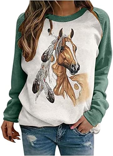 Обичен џемпер за печатење на коњи за жени со долги ракави, врвови на врвови, паѓаат модни екипаж, раглан кошули лабава туника врв
