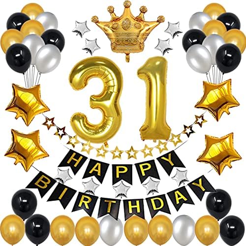 Rbyoo 31 Роденден Украси За Мажи Жени,Црно И Злато 31 Роденден Балони Материјали со 31 Златен Број Балон Среќен Роденден Банер за 31 Годишниот