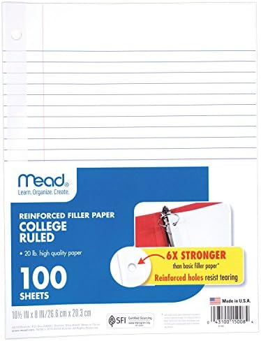 Mead Loose Leaf Paper, хартија за филер, засилена, владееше колеџ, 100 листови, 10-1/2 x 8, 3 дупки за пробивање, 12 пакувања