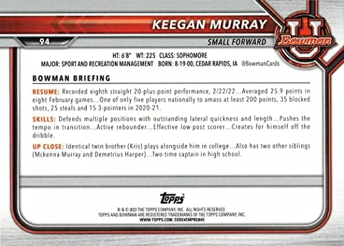 2021-22 Кошарка на Универзитетот Бауман 94 Keegan Murray Pre-Rookie картичка-1-та картичка на Bowman