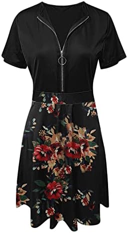 Летни фустани за жени 2023 година со кратки ракави патент зашиени во боја на бојата со средно облекување летово летно лабаво вклопување