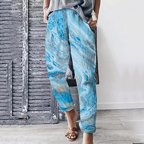 Ксиншид постелнини панталони за жени цветни печати затегнати харем панталони со џебови Обичен еластичен половината лабава плажа
