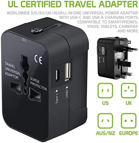 Travel USB Plus Меѓународен адаптер за напојување компатибилен со Gigabyte GSMart Saga S3 за светска моќ за 3 уреди USB TypeC, USB-A