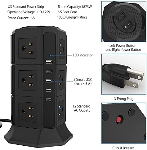 Cujux Вертикална електрична кула за заштитени заштитени 8/12 пат на САД Електрични приклучоци USB Chargier 6.5ft продолжено кабел за домашна