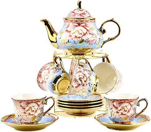 20 Парчиња Порцелански Чај Комплет Со Метален Држач, европски керамички комплет за чај за возрасни, Комплет За Цветен Чај, Комплет За Чај За