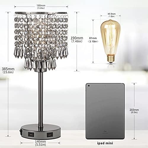 Акаксин црна кристална креветска ламба со двојна порта за полнење со USB, ламба за ноќна ноќ со елегантна сенка, декоративна биро за спални соби/дневна