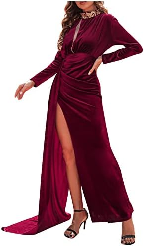 Womenенски официјален вечерен фустан Елегантен долг ракав со кадифе со висока сплит сирена забава на ракавици со високи половини ретро фустан
