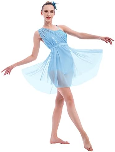 Одасдо жени лирски танцов костум модерна современа танцувачка облека секвенцин тул леотард фустан со цветен клип за коса