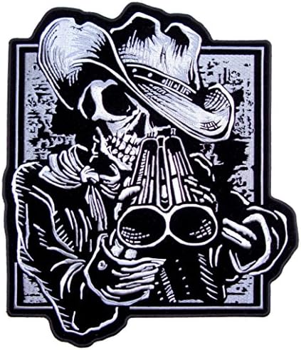 Кожен Врховен каубојски скелет со пушка везена велосипедска лепенка-бела боја