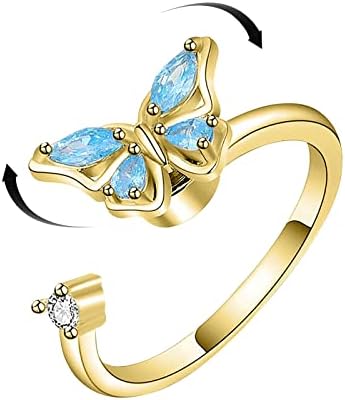 Прилагодливи отворени прстени за жени сурово сребро ＆ злато позлатени прстени Елегантни сини кристални пеперутки стабилни прстени за палецот