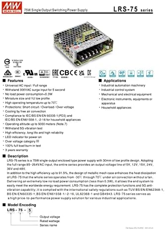 75w 1U Ниска Профил Затворени Моќ : LRS - 75 Серија Еден Излез Прекинувач Напојување