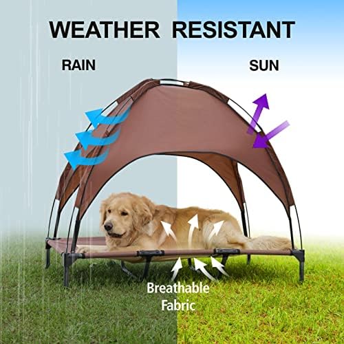 Хојетлин Голем Покачен Кревет За Кучиња со Крошна-48ВО Отворено Подигнато Креветче За Кучиња Со Отстранлив Шатор Во Сенка Кафеава