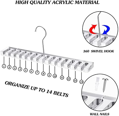 2 парчиња закачалка за појас за плакарот чист акрилен wallид монтиран организатор за складирање на ременот со 14 слотови држач